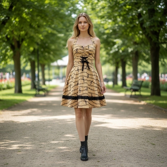 Dresses & Skirts - Rockabilly Dress Halter Fit & Flare Tan Black Musical Notes Tulle Petticoat